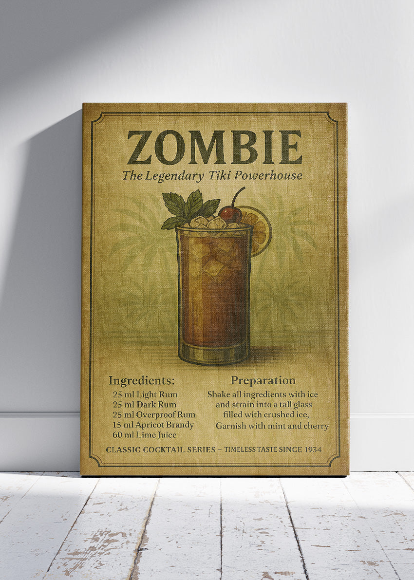 Zombie Vintage Tiki Cocktail Poster & Canvas Print | Classic Recipe Bar Wall Art