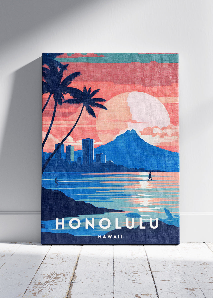 Honolulu Hawaii Sunset Poster & Canvas Print – Illustrated Tropical Skyline Art