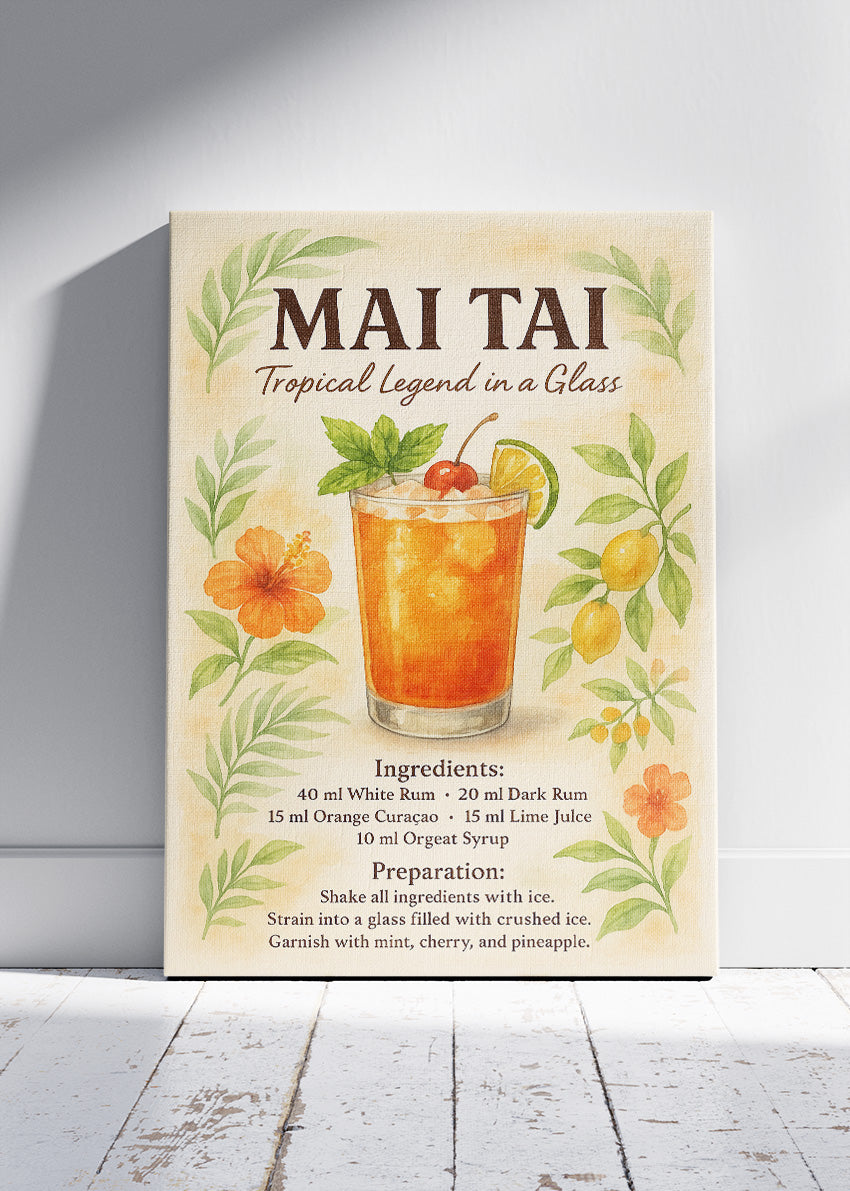 Mai Tai Tropical Cocktail Recipe Poster & Canvas Print | Watercolor Bar Wall Art
