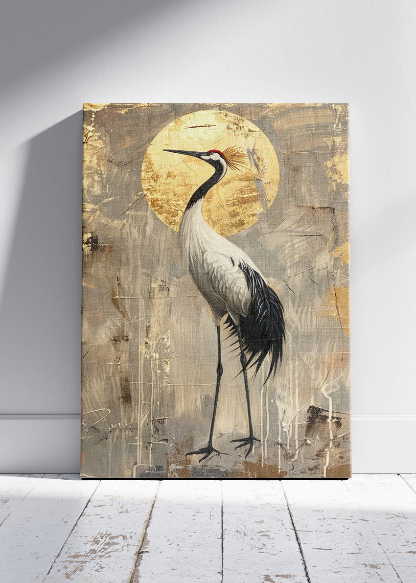Golden Crane Poster & Canvas Print – Elegant Japanese Minimalist Bird Art