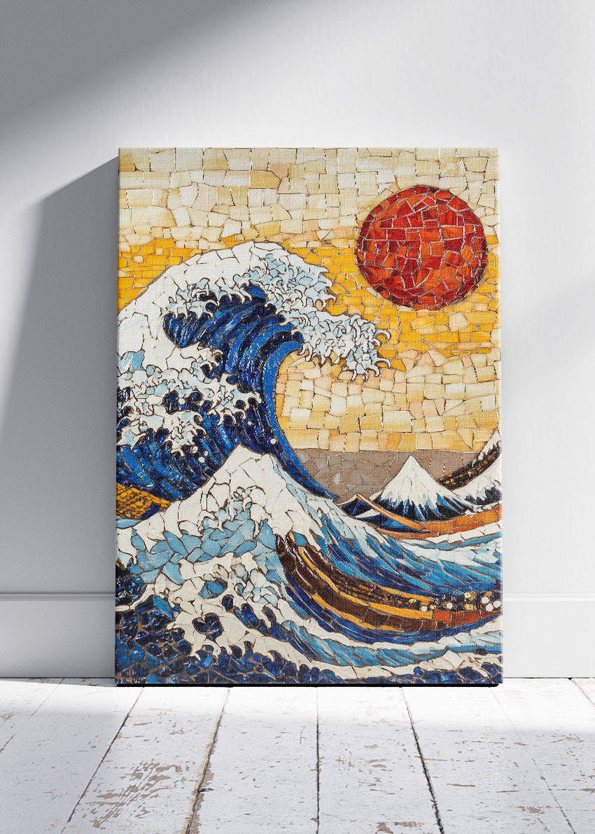 Textured Mosaic Wave with Red Sun – Japanese Inspired Ocean Wall Art – AI PRINT LAB