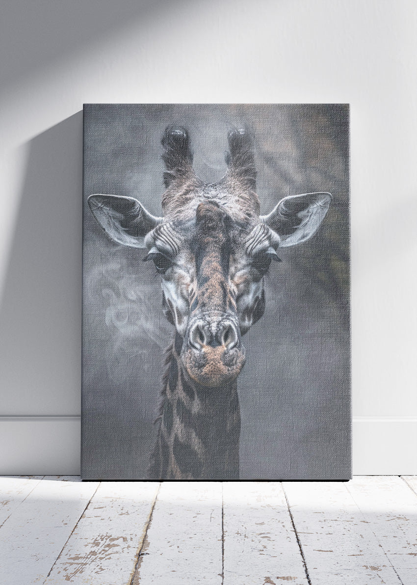 Giraffe Portrait Art Print & Canvas – Moody Wildlife Wall Art with Smoky Background