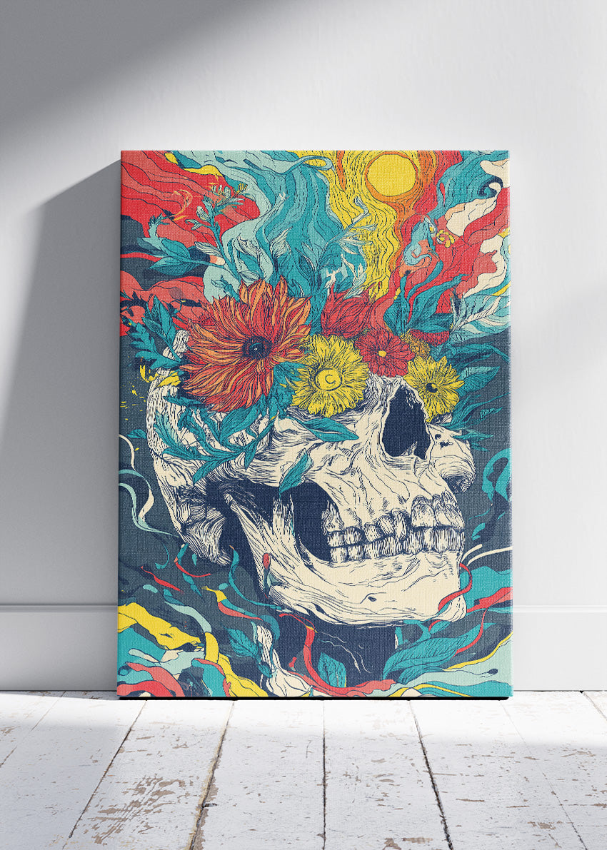 Psychedelic Skull Floral Wall Art – Vibrant Abstract Canvas Print | Bold Surreal Portrait Poster