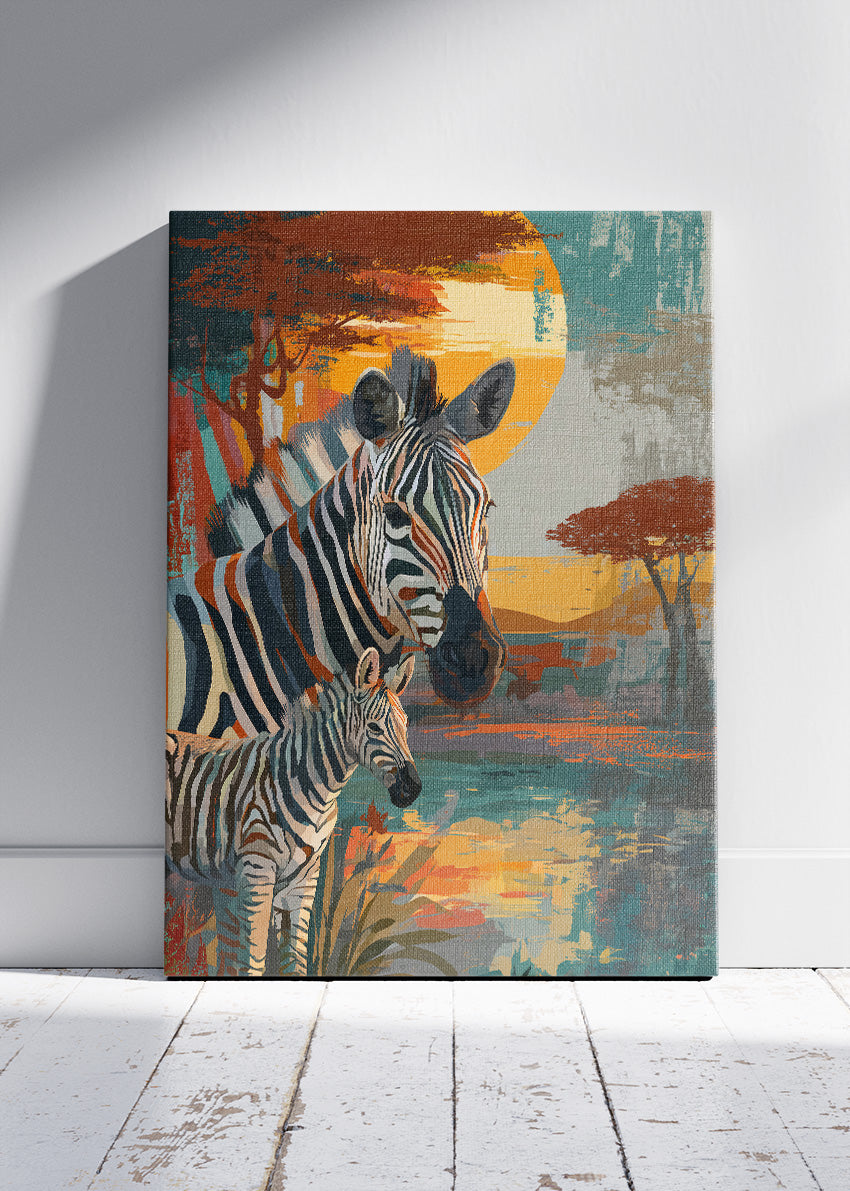 Zebra Family Poster & Canvas Print – African Safari Sunset Art