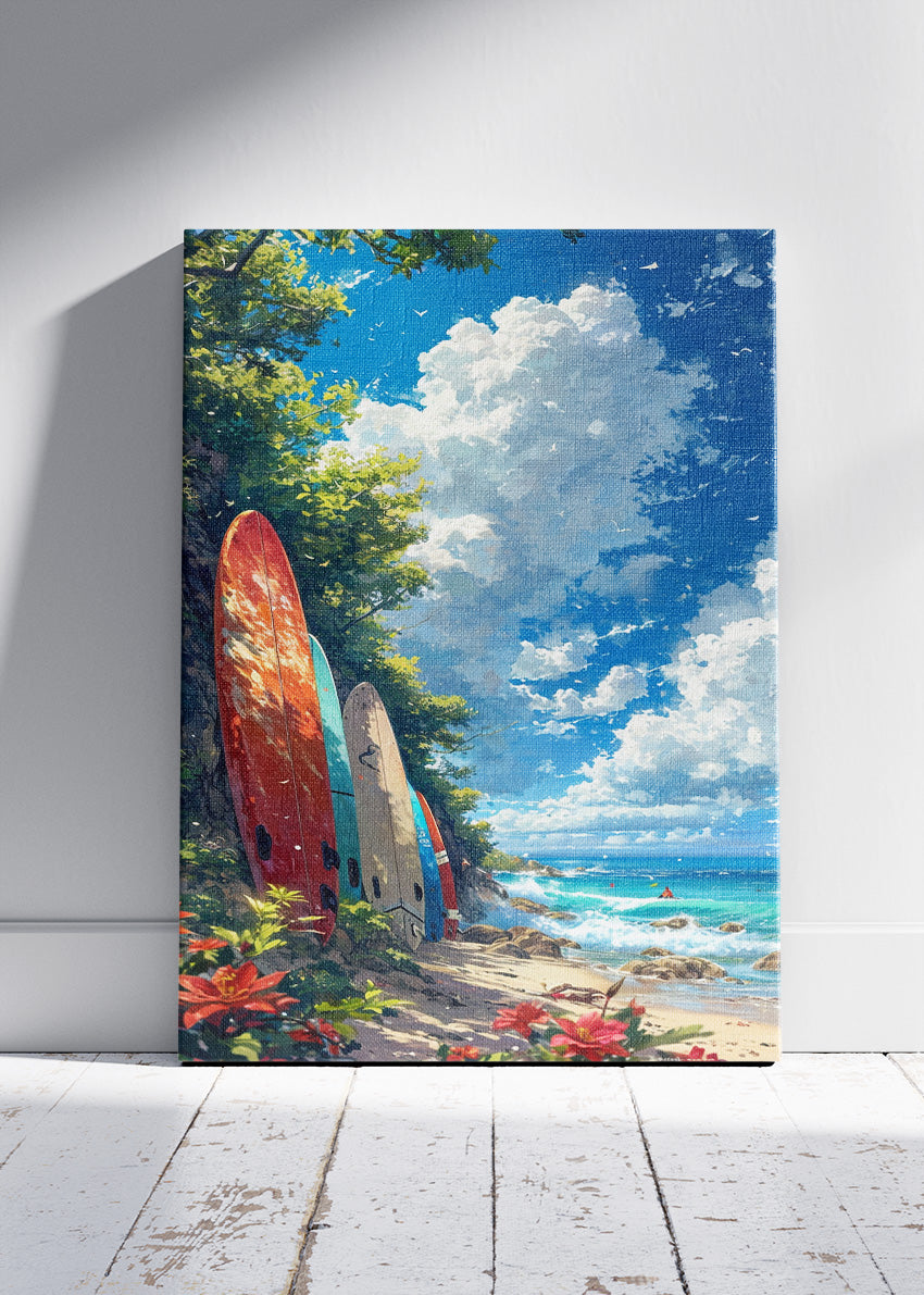 Tropical Surfboards by the Ocean – Coastal Beach Wall Art – AI PRINT LAB