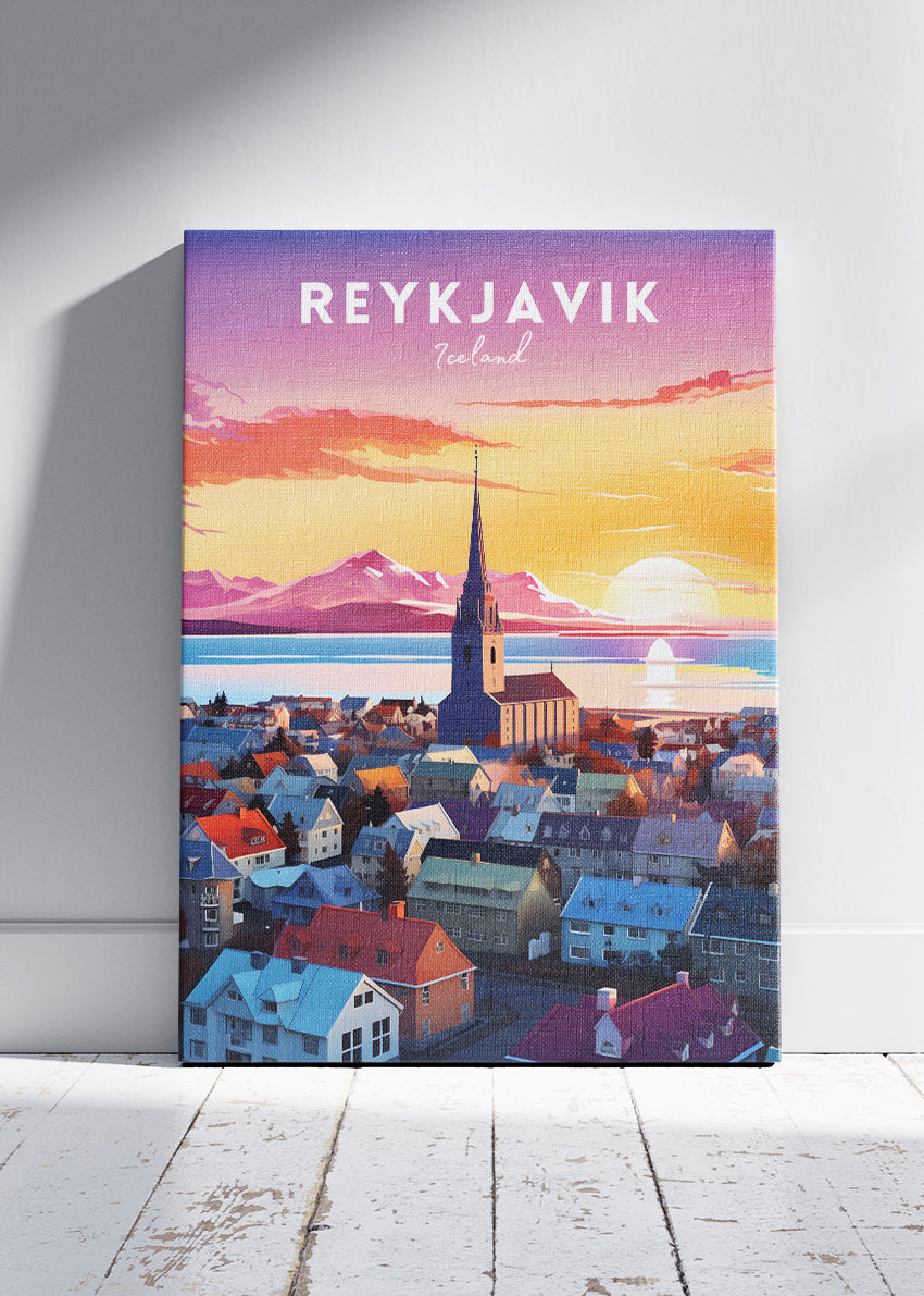 Reykjavik Iceland Sunset Skyline Poster & Canvas Print – Colorful Nordic Cityscape Wall Art