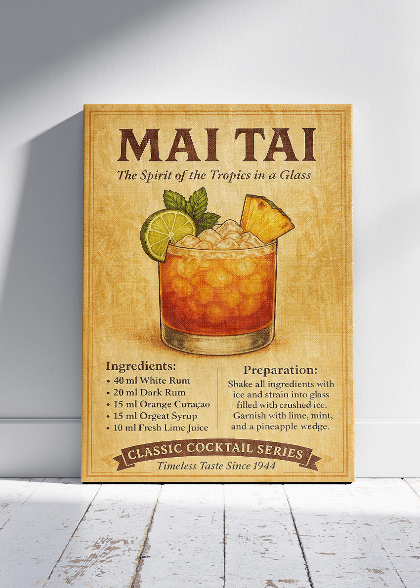 Mai Tai Classic Cocktail Recipe Poster & Canvas Print | Vintage Tropical Bar Wall Art