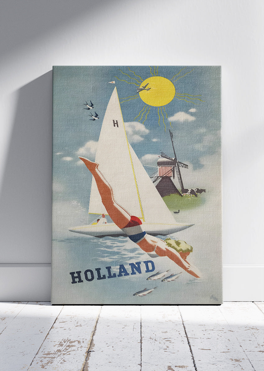 Holland Vintage Diving & Sailboat Poster & Canvas Print – Retro Dutch Travel Art