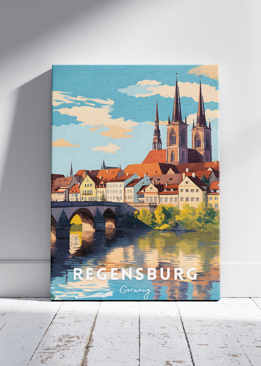 Regensburg Germany Poster & Canvas Print – Vintage Bavarian Riverside Art