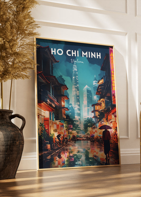 Ho Chi Minh Vietnam Poster & Canvas Print – Saigon Night Street Illustration Wall Art