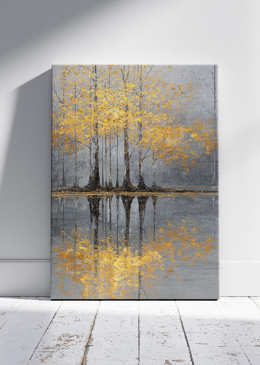 Golden Tree Reflection Wall Art – Grey & Gold Lake Canvas Print | Elegant Autumn Portrait Poster