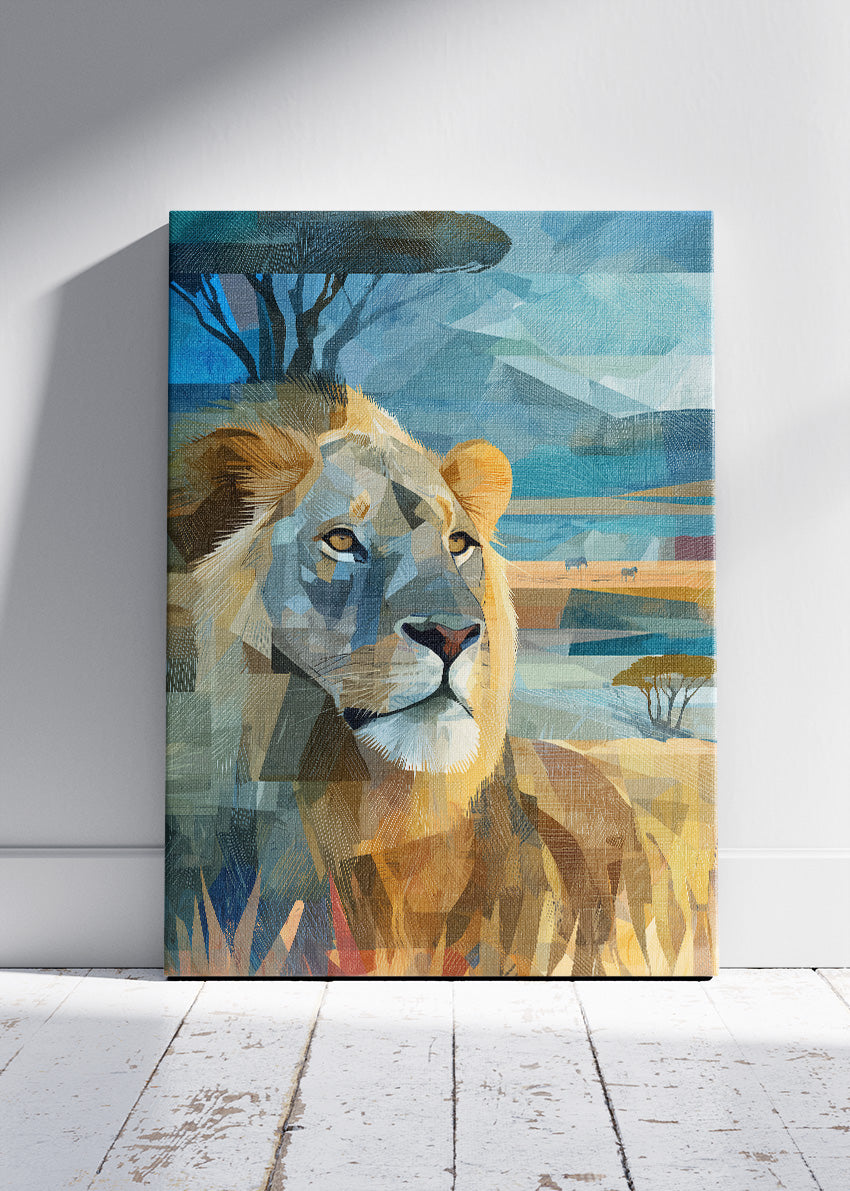Geometric Safari Lion Canvas Print & Poster – Modern African Wildlife Wall Art – AI PRINT LAB