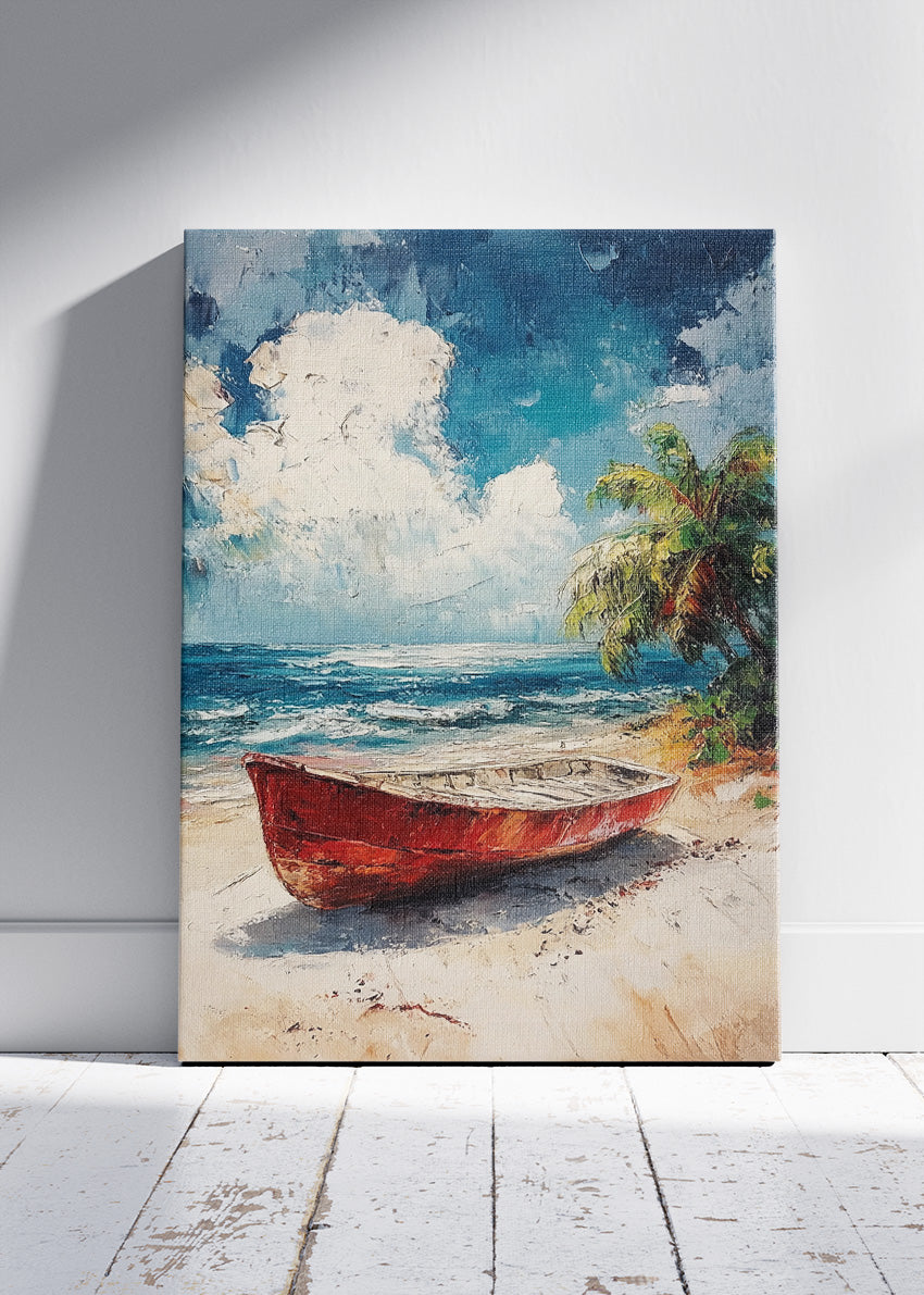 Tropical Red Boat – Coastal Beach Canvas & Poster Print – AI PRINT LAB