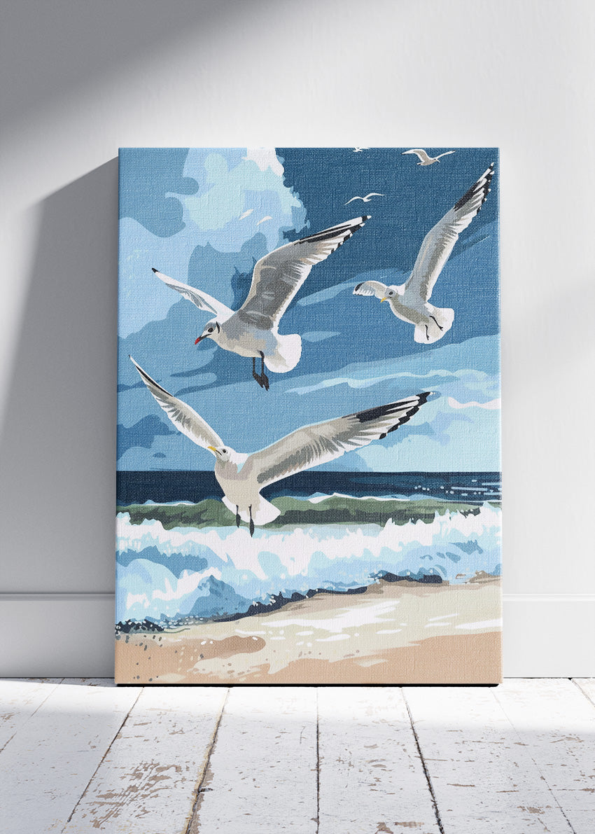 Seagulls Over Ocean Canvas Print & Poster – Coastal Beach Landscape Wall Art – AI PRINT LAB