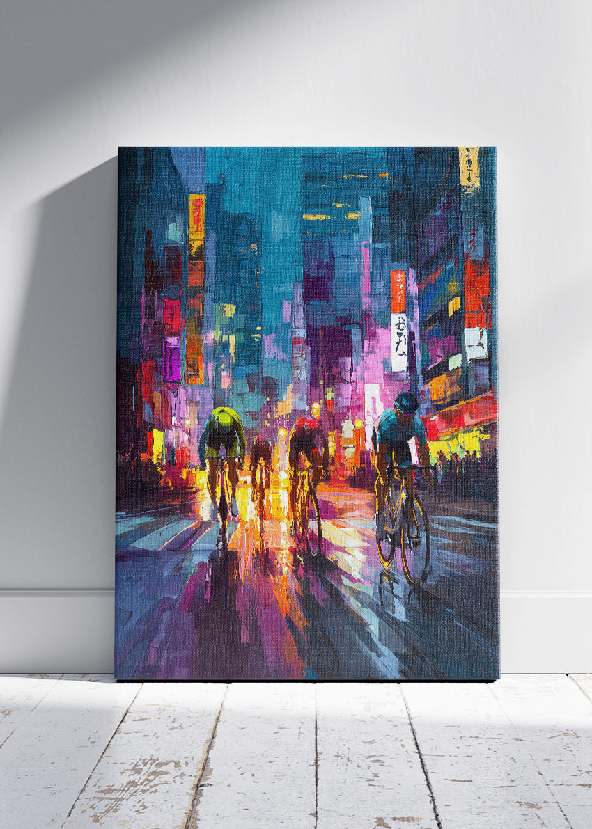 Neon City Sprint Cycling Art Print & Canvas – Electric Night Breakaway
