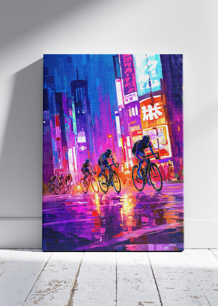 Neon Rain Sprint Cycling Art Print & Canvas – Midnight City Breakaway
