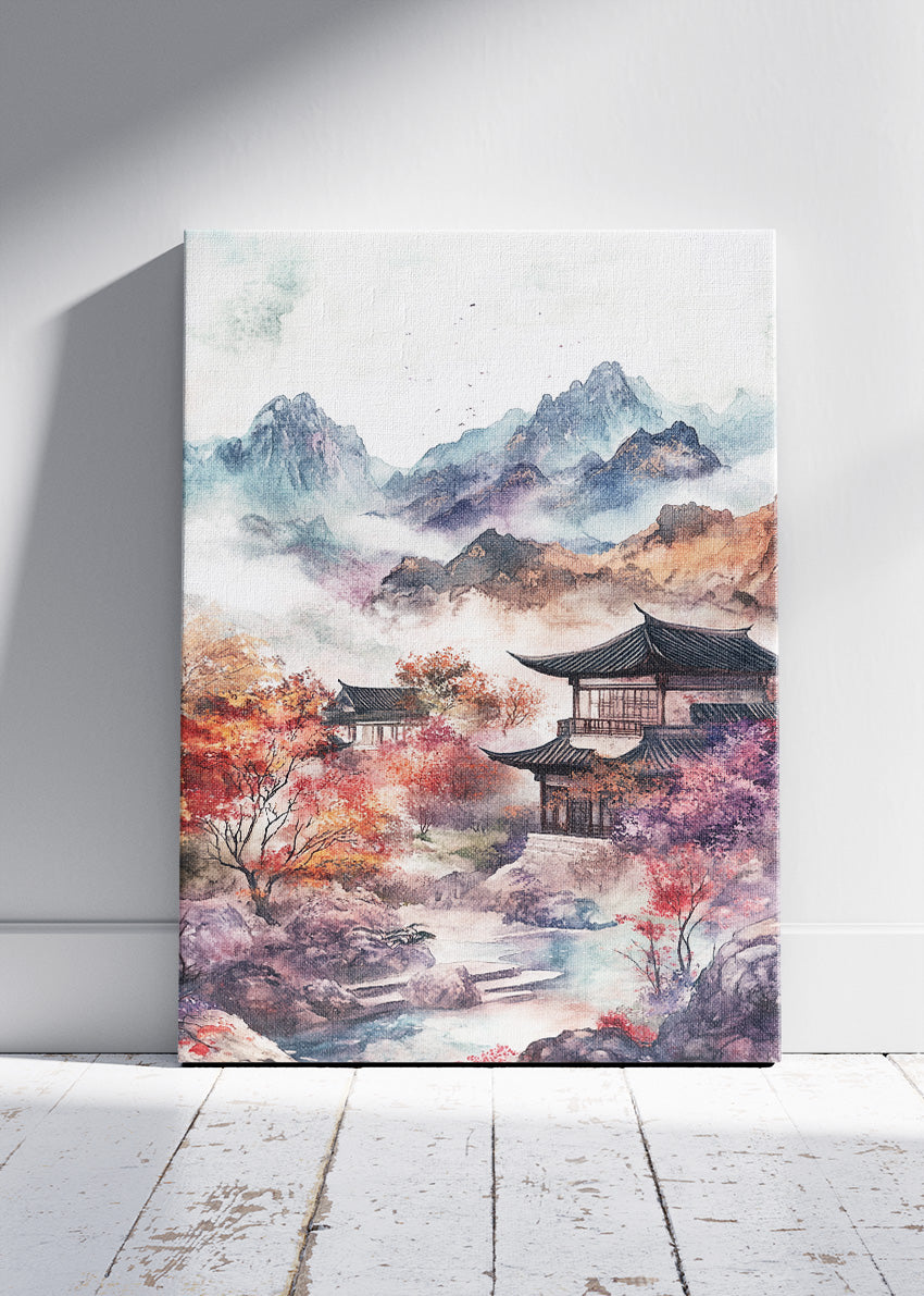 Misty Autumn Temple – Oriental Mountain Landscape Canvas & Poster Print – AI PRINT LAB