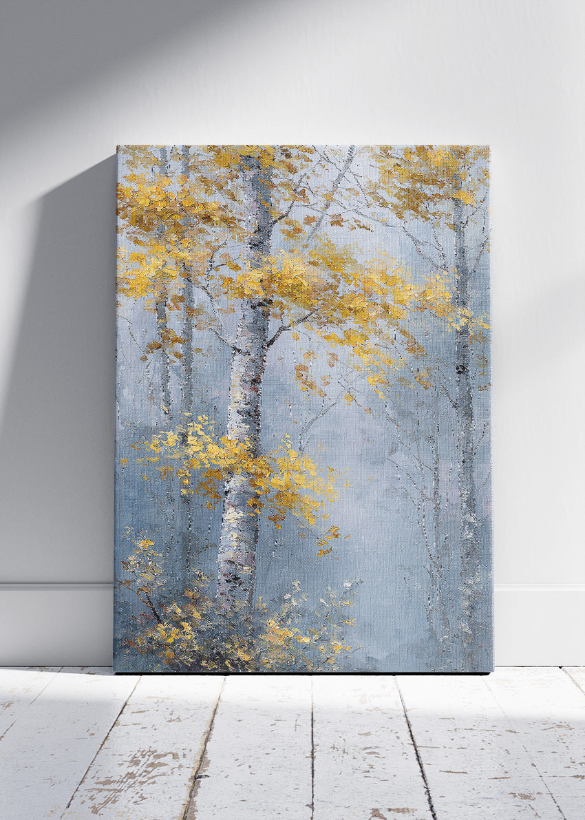 Misty Golden Birch Forest Wall Art – Elegant Autumn Woodland Canvas Print | Serene Nature Portrait Poster