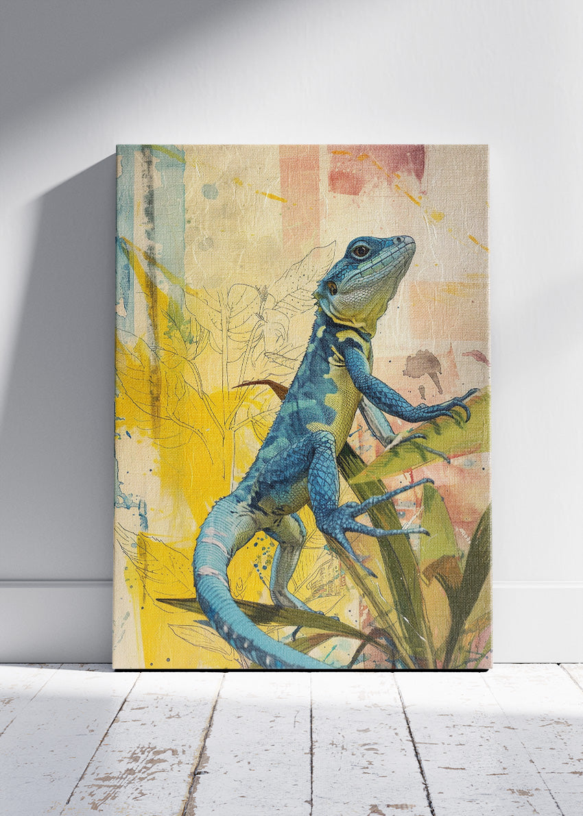 Blue Lizard Poster & Canvas Print – Colorful Botanical Reptile Art