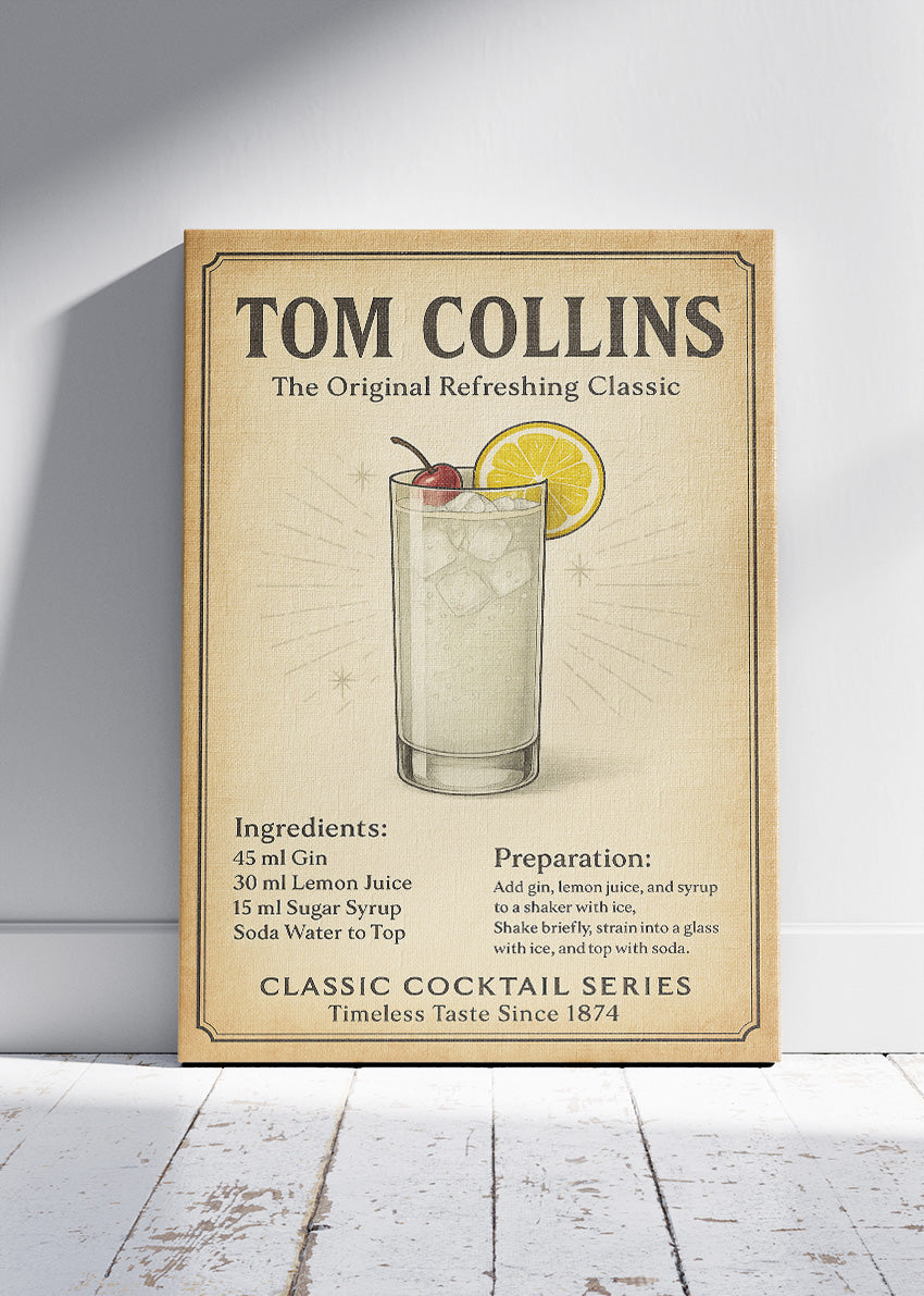 Tom Collins Classic Cocktail Poster & Canvas Print – Vintage Gin Drink Wall Art – AI PRINT LAB