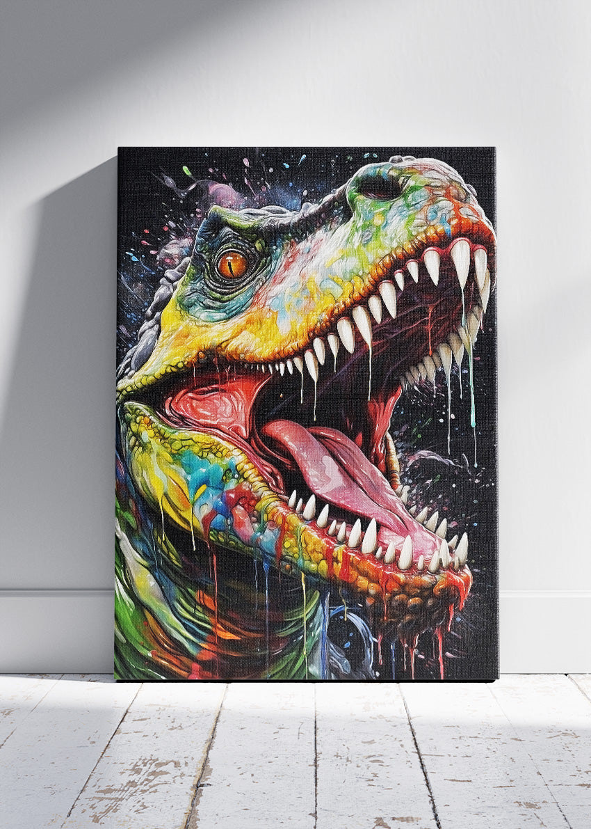 Colorful T-Rex Dinosaur Poster & Canvas Print – Splash Art Jurassic Wall Decor