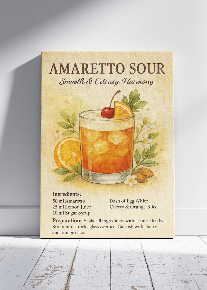 Amaretto Sour Botanical Recipe Poster & Canvas Print | Vintage Cocktail Wall Art
