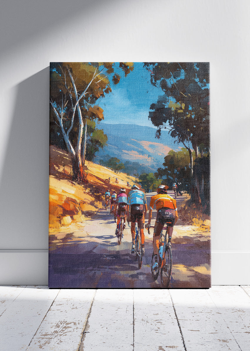Scenic Road Cycling Art Print & Canvas – Group Cyclists Landscape Wall Art