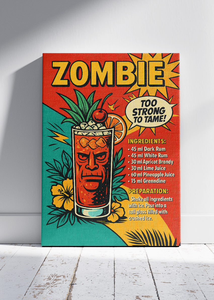 Zombie Retro Tiki Cocktail Poster & Canvas Print | Bold Tropical Bar Wall Art
