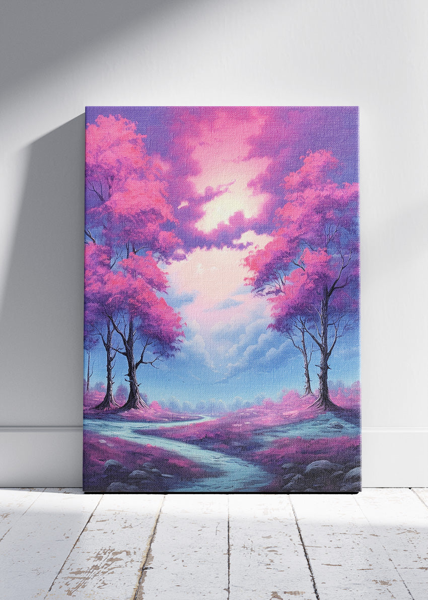 Pink Blossom Dreamscape – Fantasy Forest Path Canvas & Poster Print – AI PRINT LAB