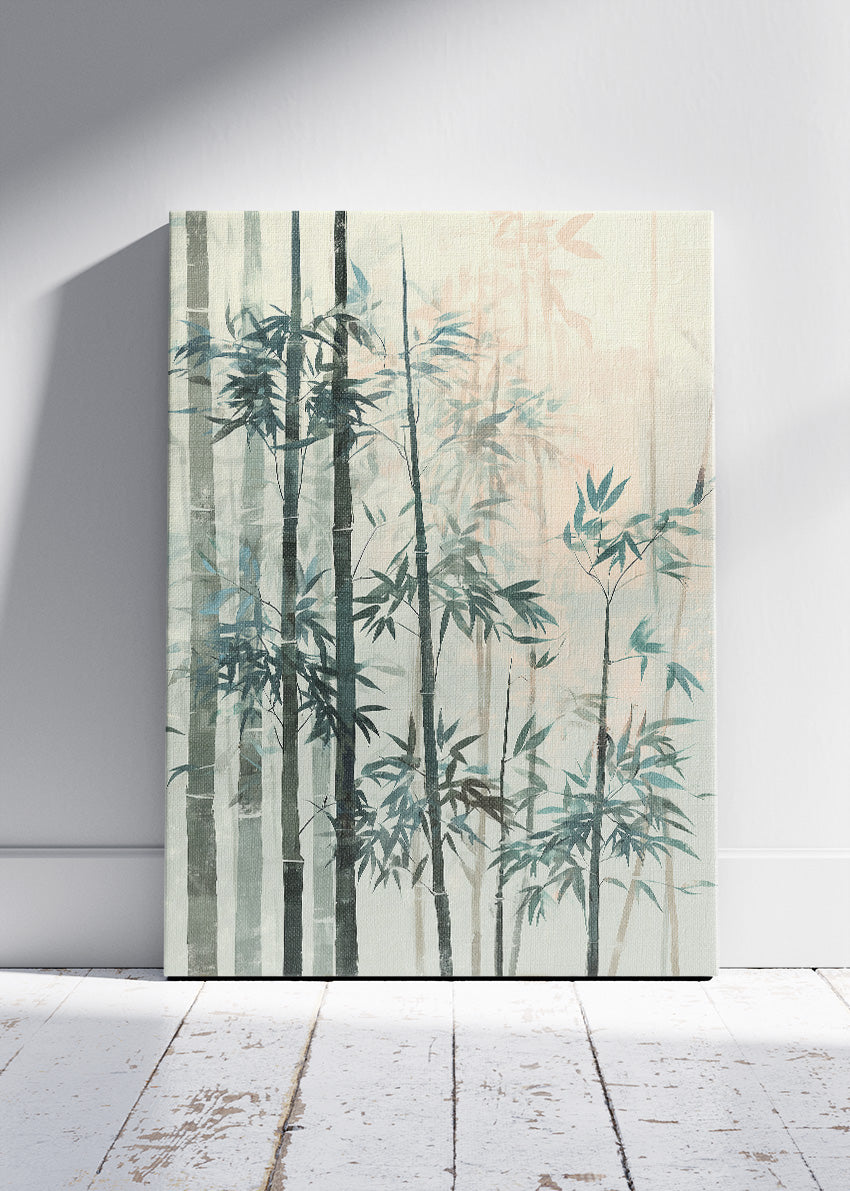 Misty Bamboo Forest Wall Art – Soft Green Zen Canvas Print | Japandi Nature Portrait Poster