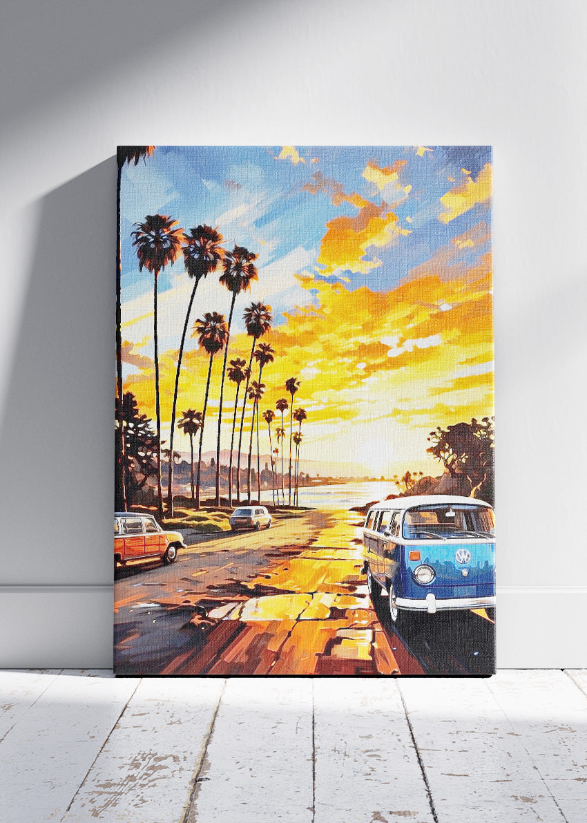 Golden Coast Road – Vintage Sunset Van Canvas & Poster Print – AI PRINT LAB