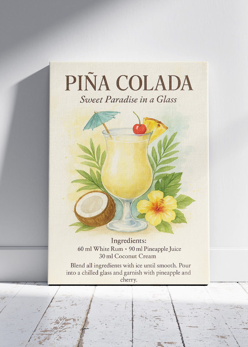 Piña Colada Watercolor Cocktail Poster & Canvas Print | Tropical Botanical Bar Wall Art