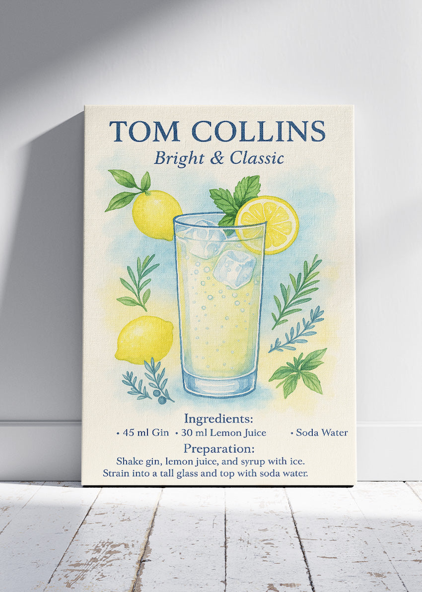 Tom Collins Bright & Classic Cocktail Poster & Canvas Print – Watercolor Gin Drink Wall Art – AI PRINT LAB