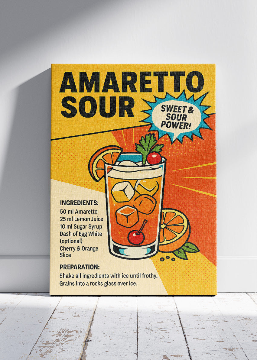 Amaretto Sour Pop Art Recipe Poster & Canvas Print | Retro Cocktail Wall Art