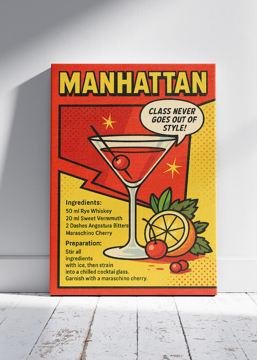 Manhattan Pop Art Cocktail Recipe Poster & Canvas Print | Retro Comic Bar Wall Art