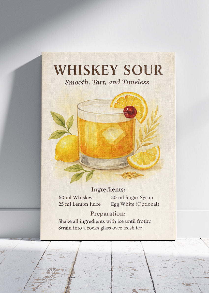 Whiskey Sour Watercolor Cocktail Poster & Canvas Print | Classic Recipe Bar Wall Art