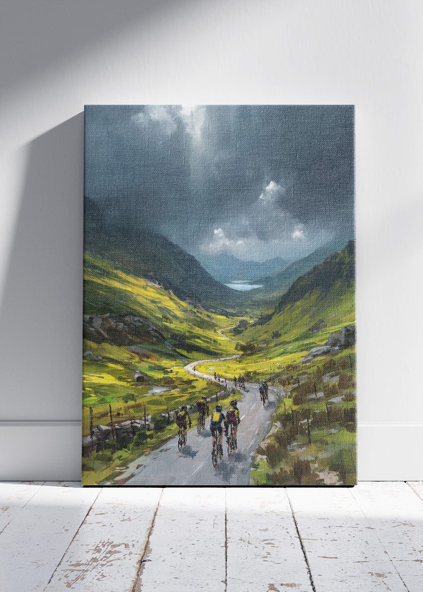 Mountain Valley Cycling Poster & Canvas Art Print – Peloton Riding Through Dramatic Green Highlands