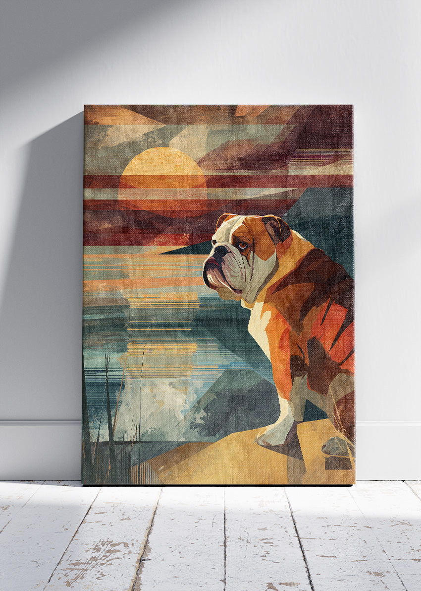 Retro Sunset Bulldog Poster & Canvas Print – Vintage Geometric Dog Wall Art