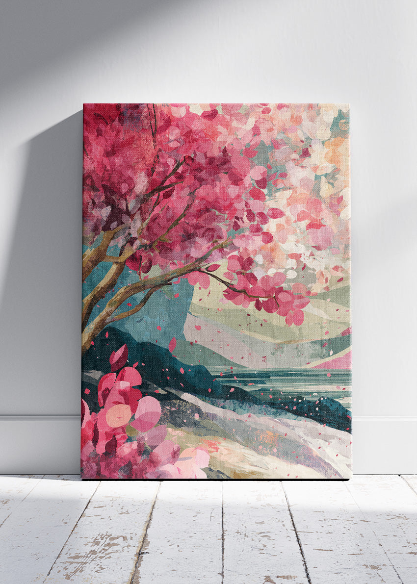 Vibrant Cherry Blossom Coast Wall Art – Pink Floral Landscape Canvas Print | Modern Japandi Poster