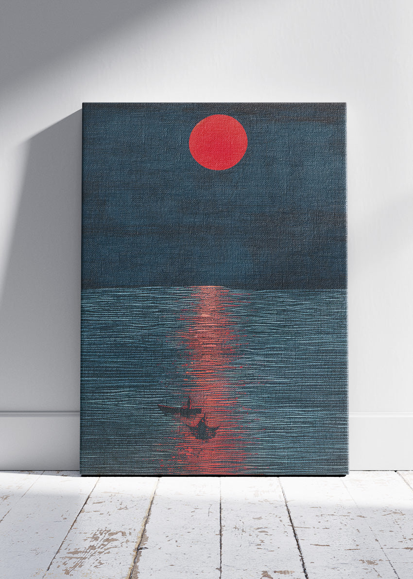Crimson Moon Over Midnight Sea – Minimalist Sunset Canvas & Poster Print – AI PRINT LAB