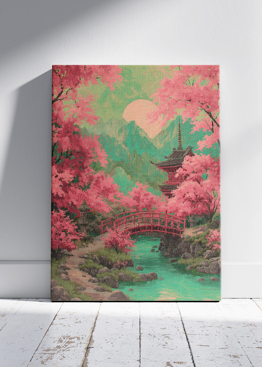 Japanese Cherry Blossom Bridge & Pagoda Landscape Canvas & Poster Print – AI PRINT LAB
