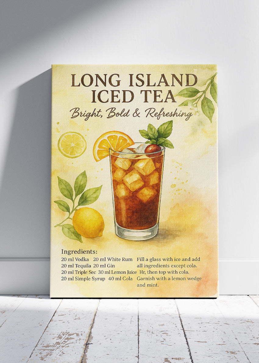 Long Island Iced Tea Watercolor Cocktail Poster & Canvas Print | Bright Bar Wall Art