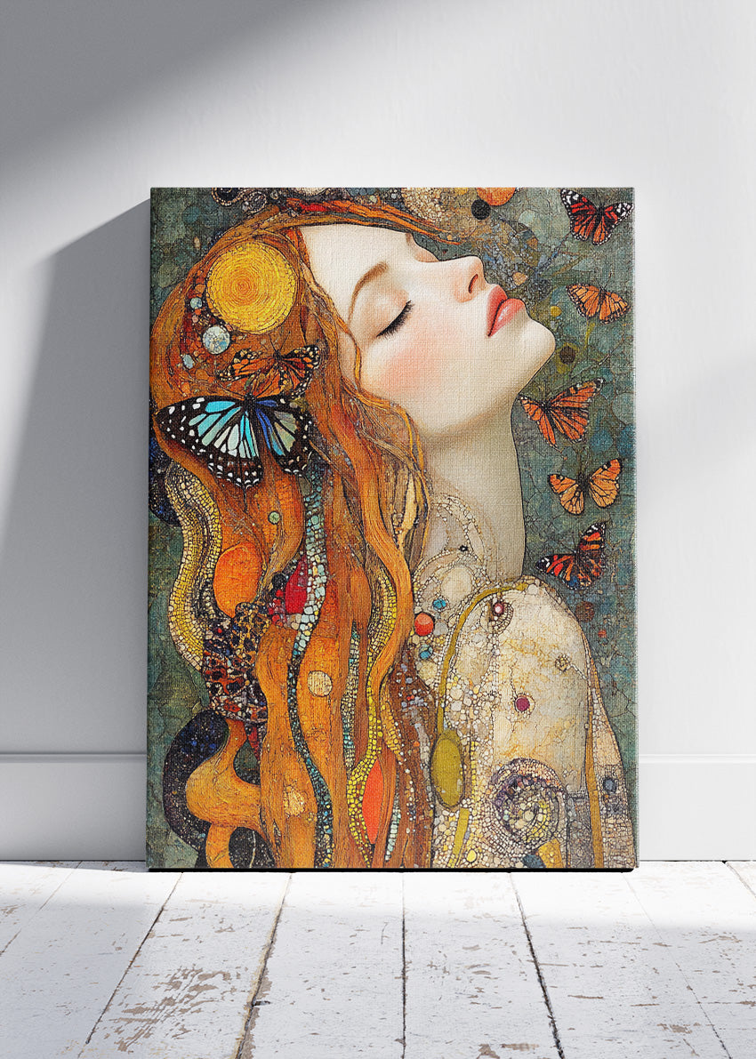 Art Nouveau Woman Wall Art – Butterfly Portrait Canvas Print & Elegant Bohemian Statement Poster for Living Room Decor UK