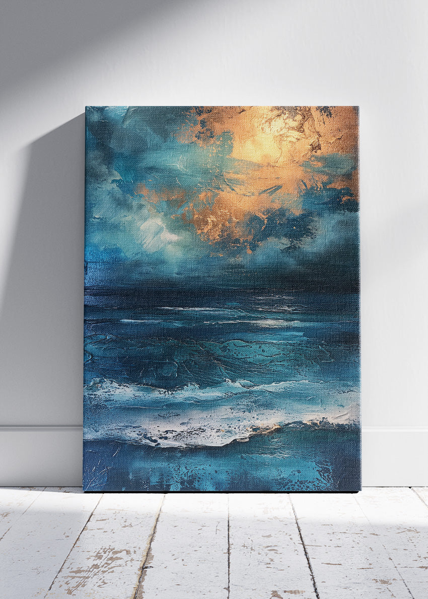 Midnight Ocean with Golden Sky – Dramatic Abstract Seascape Wall Art Poster & Canvas – AI PRINT LAB