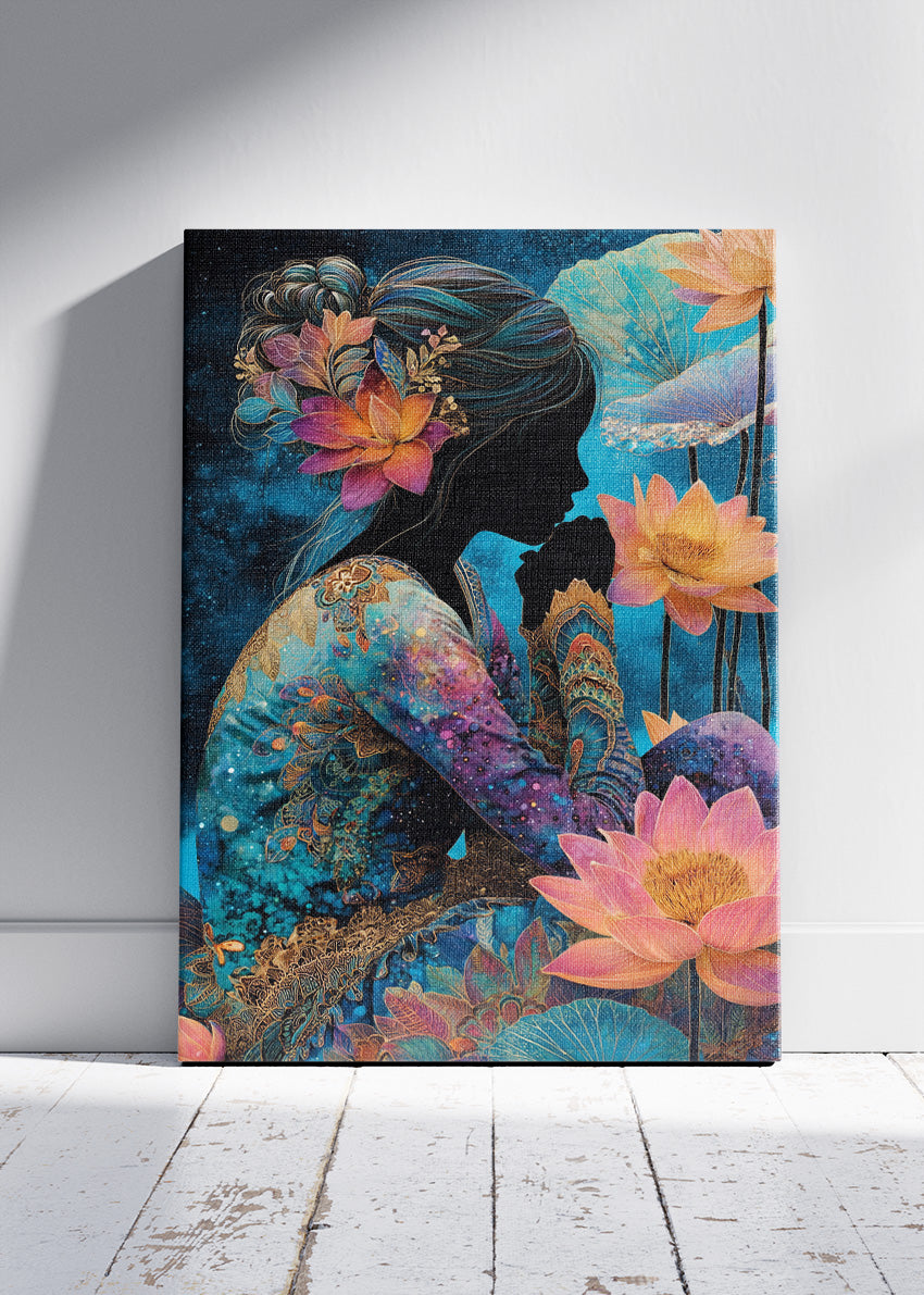 Mystical Lotus Woman Wall Art – Blue and Gold Fantasy Silhouette Canvas Print & Modern Floral Statement Poster for Living Room Decor UK