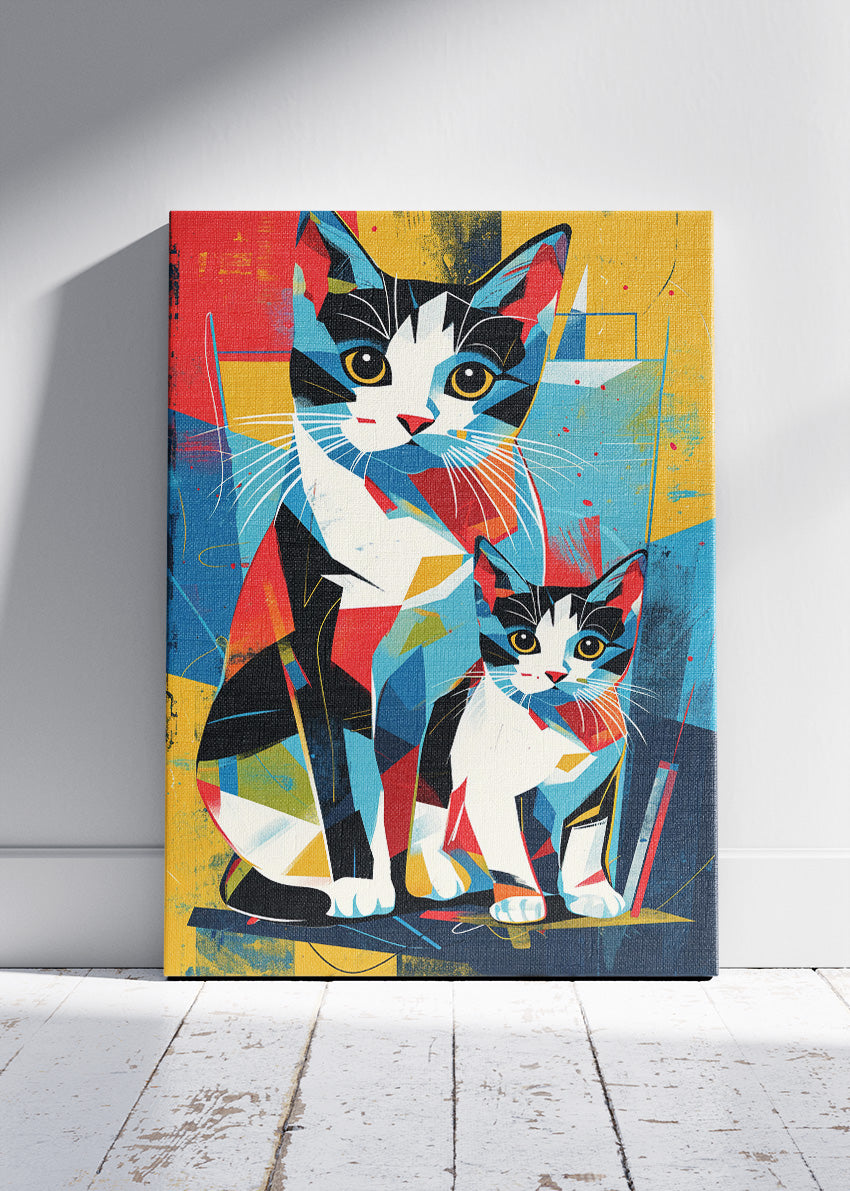 Colorful Cats Poster & Canvas Print – Modern Geometric Two Cats Wall Art