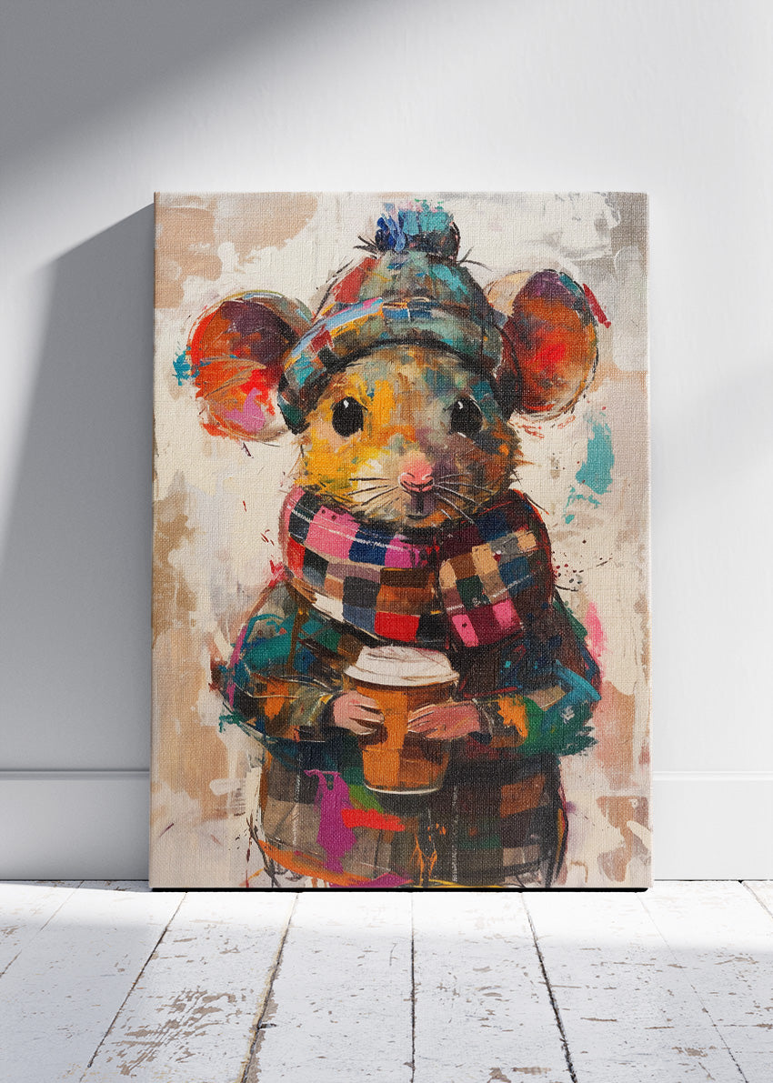 Cozy Coffee Mouse Poster & Canvas Print – Cute Winter Mouse Art in Colorful Scarf