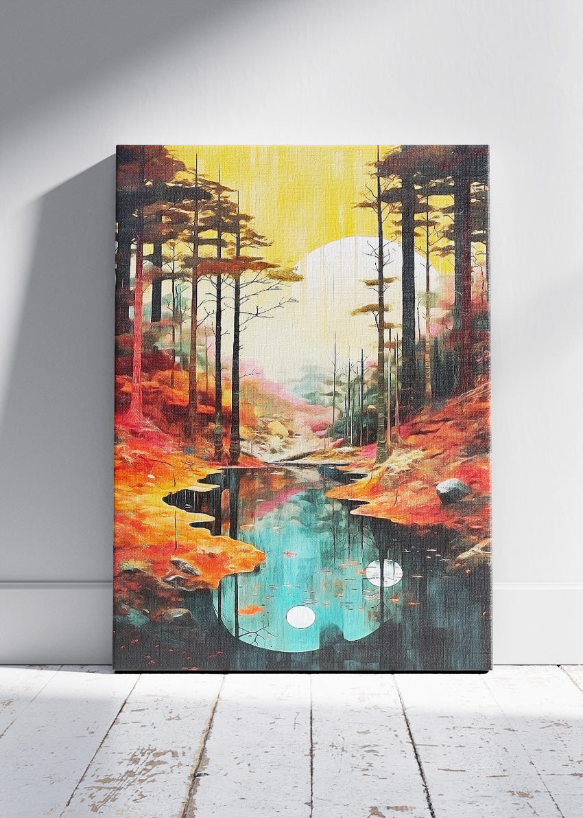 Autumn Reflection River – Modern Golden Forest Canvas & Poster Print – AI PRINT LAB