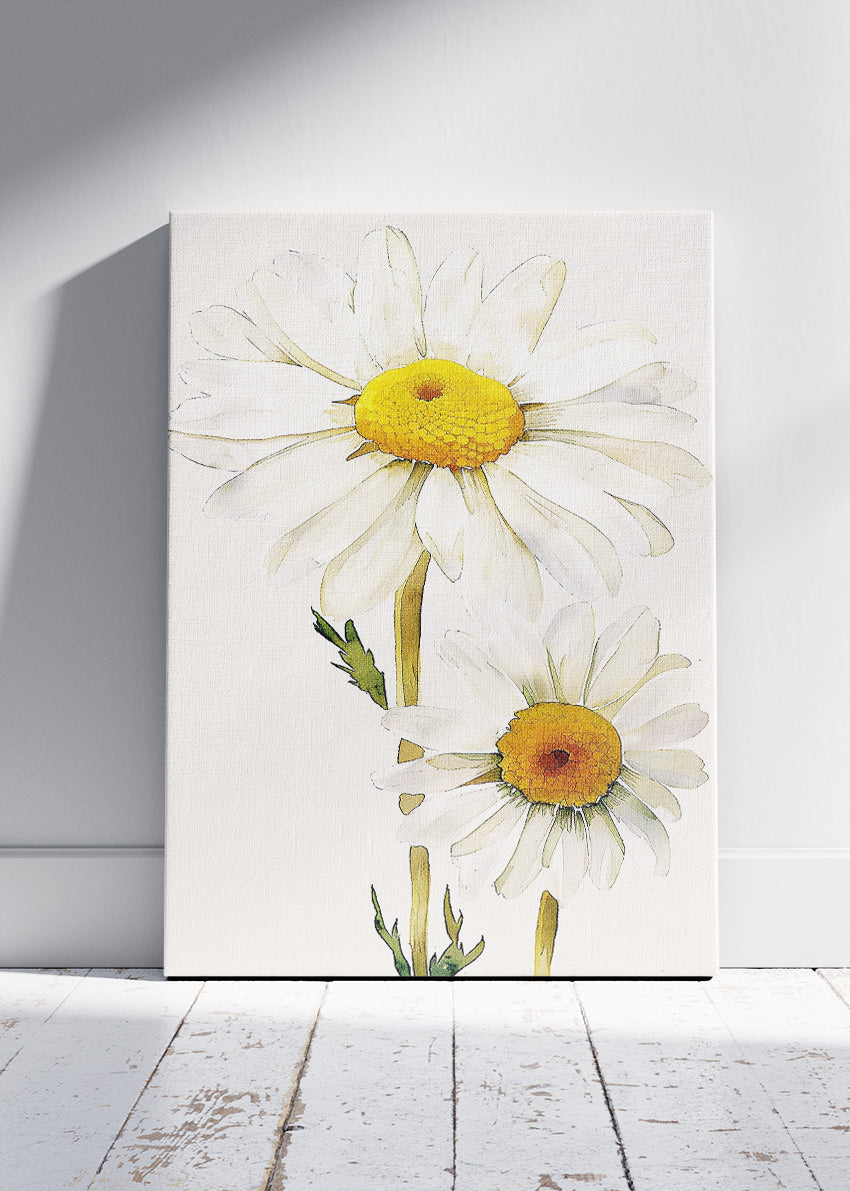 Minimal Daisy Flower Wall Art – White Botanical Canvas Print & Soft Neutral Floral Poster for Modern Living Room Decor UK