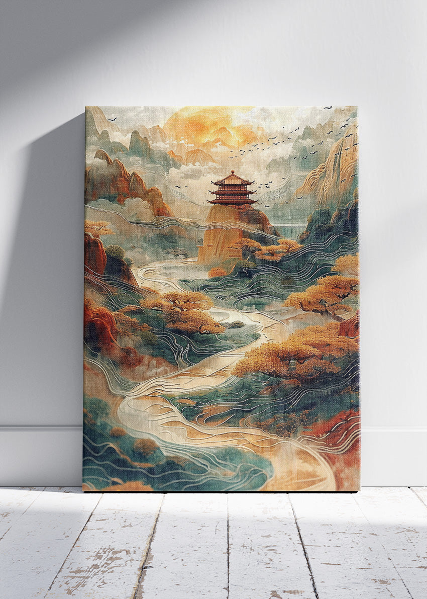Golden Pagoda Valley – Oriental Mountain Landscape Canvas & Poster Print – AI PRINT LAB